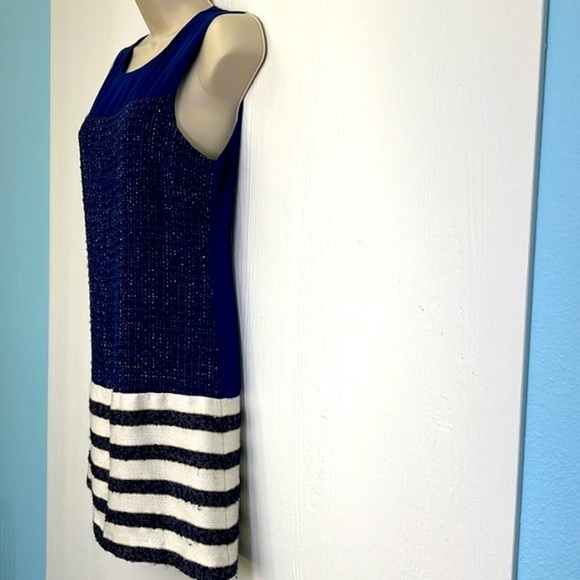 Boston Proper - Navy And Gold Tweed Striped Lined Sleeveless Midi Dress Size 4 - Picture 6 of 10